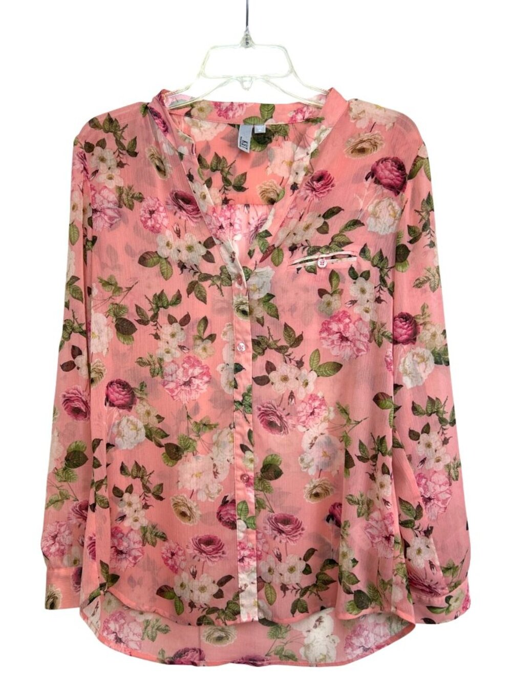Kut from the Kloth Floral Button Up Blouse Sz M Pink Sheer Lightweight Romantic - Picture 3 of 14
